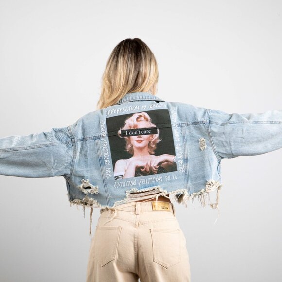 I DON'T CARE Crop Denim Jacket - Picture 3 of 10